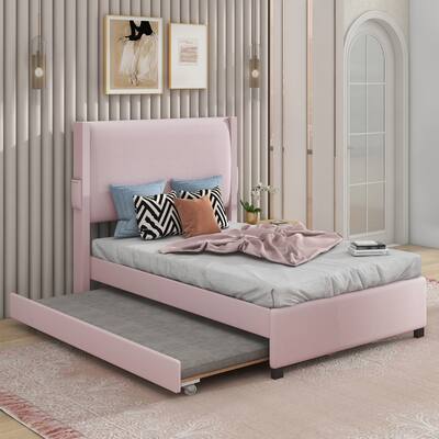 Twin Size Upholstered Platform Bed Wood Bed Frame with Twin Size Trundle, Wingback Headboard, Charging Ports, Pockets, Pink