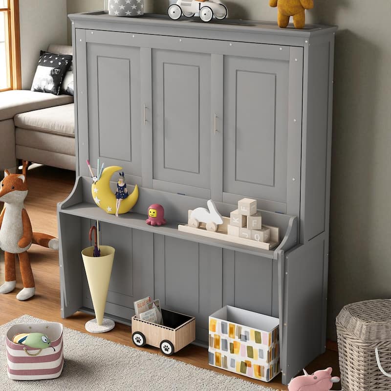 Queen Size Murphy Bed with Shelf, Foldable Wall Bed with Desk, Space-Saving Pine Wood Frame, No Box Spring