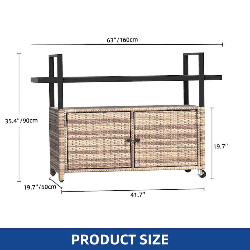 Wicker Outdoor Kitchen Serving Station with Storage Cabinet and Wheels - 51.2L x 19.7"W x 35.4"H