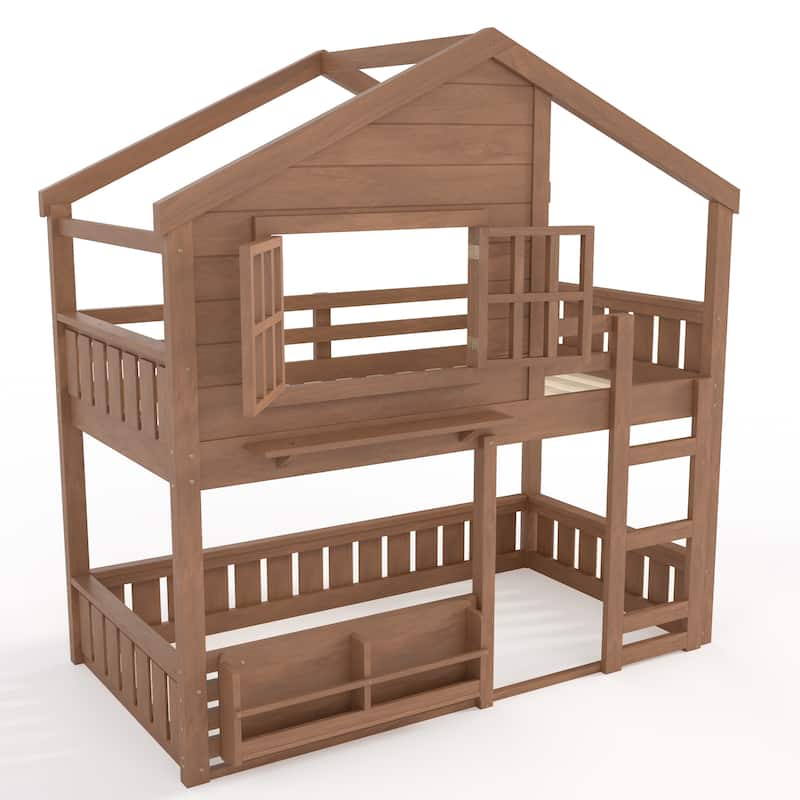 Fairytale House Bunk Bed Kids Loft Bed Frame with Bookshelf and Shelf