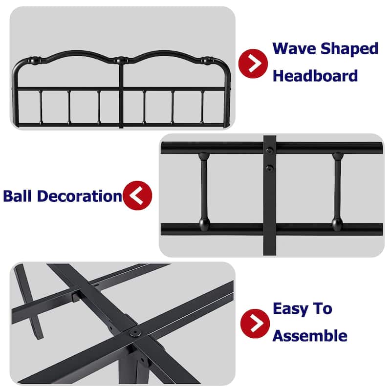 Heavy-Duty Anti-Wobble 14 Inch Bed Frame With Wavy Art Headboard, No Needed Box Spring