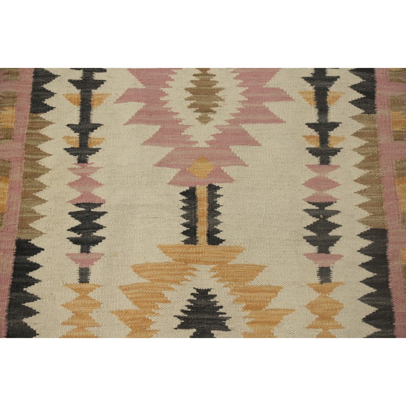 Hand Woven Oriental 100% Wool Carpet Southwestern Tribal Beige & Ivories Kilim Runner Rug - 9' 10'' X 2' 9''