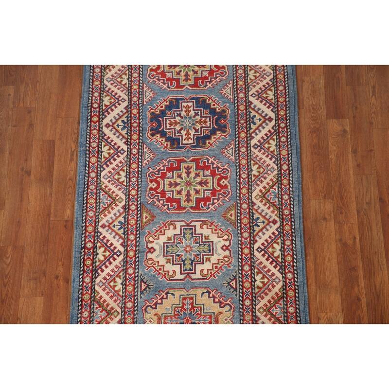 Blue Geometric Kazak Runner Rug Hand-Knotted Wool Carpet - 2'9" x 11'3"