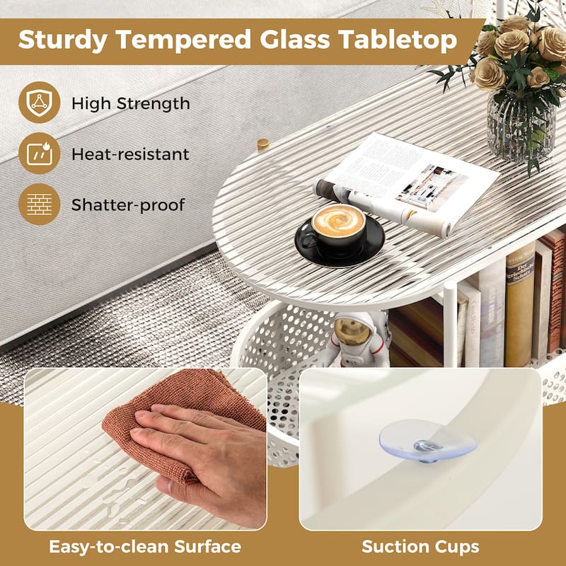 Gymax 2-Tier Mobile Glass Coffee Table w/ Bear Pattern Storage Basket