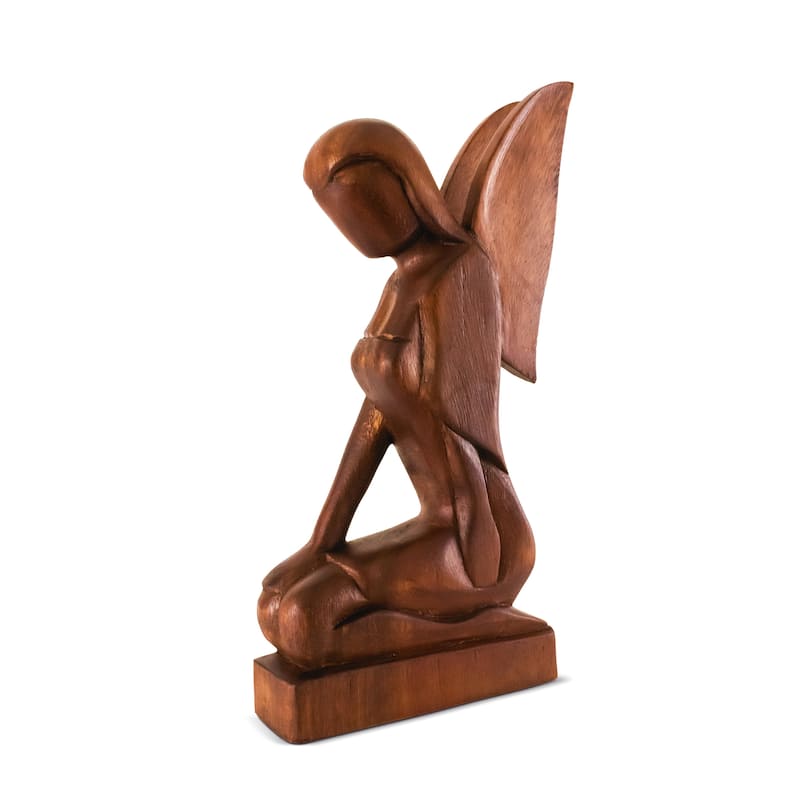 12" Wooden Handmade Abstract Sculpture Statue Handcrafted "Kneeling Angel" Gift Home Decor Figurine Accent Artwork Hand Carved