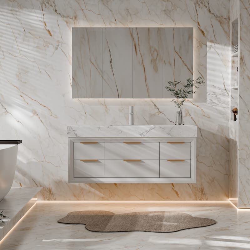 Modland 48" Modern Floating Bathroom Vanity with Single Sink, Soft-Close Drawers, White Stone Countertop - White