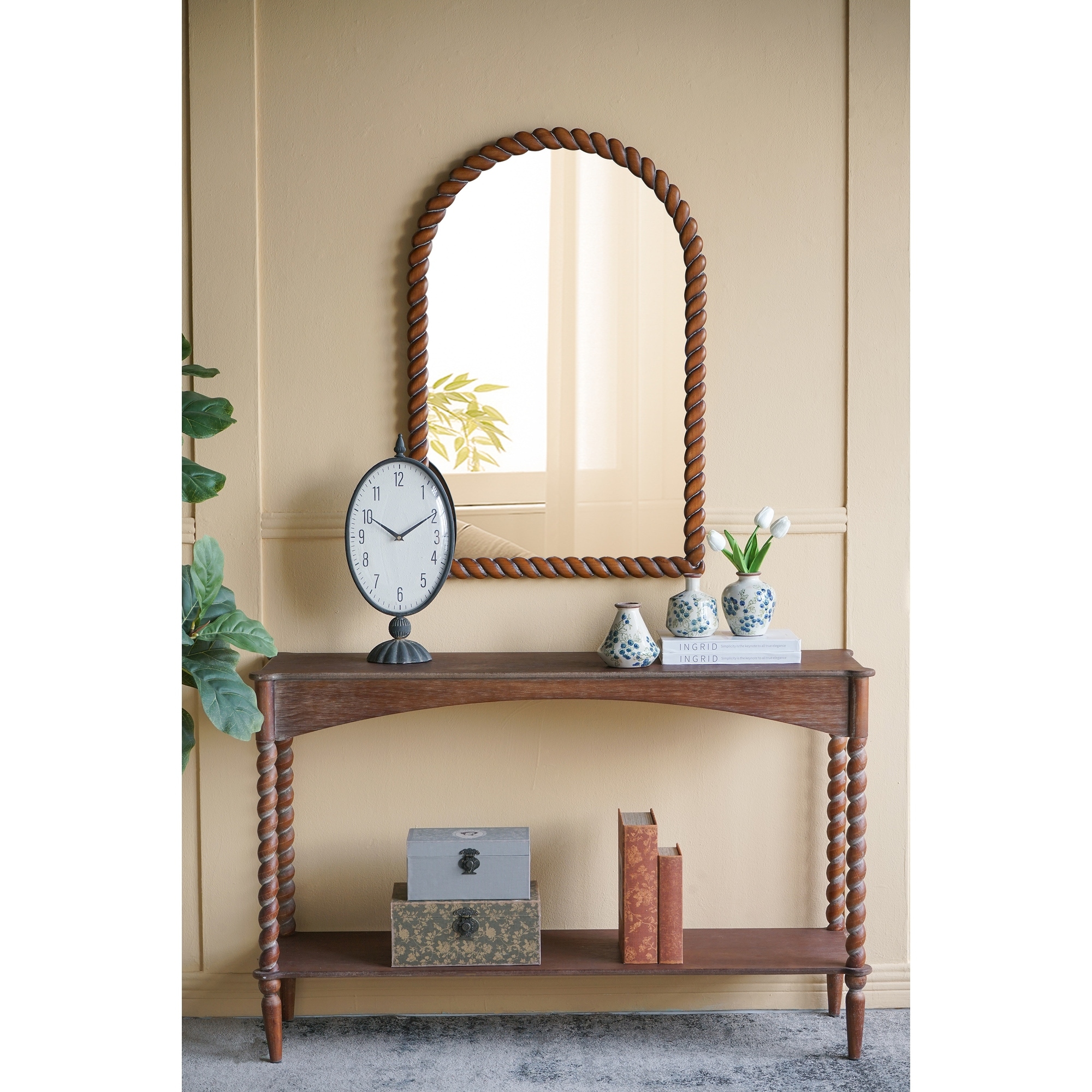24x35.8" Arched Wall Mirror with Pine Wood Frame, Brown