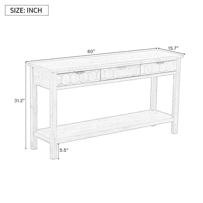 Modern 60" Console Table with 3 Drawers Honeycomb Design for Study Entryway Hallway