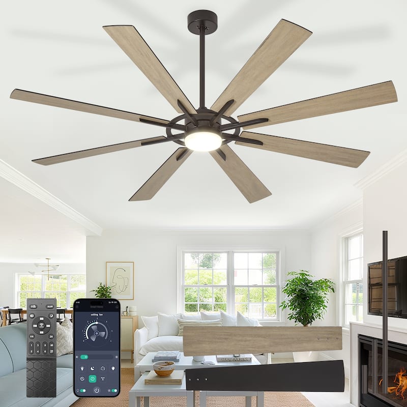 Modern 72 Inch 8 Blade Outdoor large Ceiling Fans with Lights: Dimmable Indoor Reversible 6 Speed Quiet DC Motor - 66in - Wood&Black