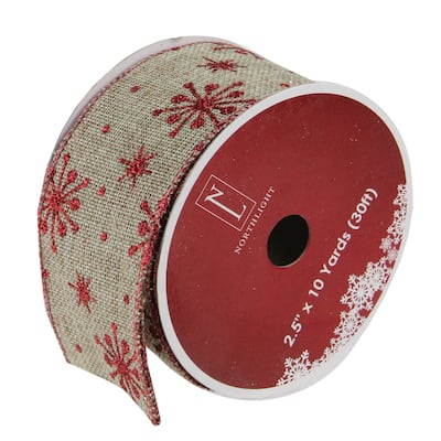 Red and Beige Snowflake Wired Christmas Craft Ribbon 2.5" x 10 Yards