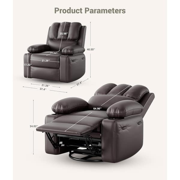 dimension image slide 3 of 15, Oversized power recliner with heat, massage, 360 degrees swivel, and cup holder.