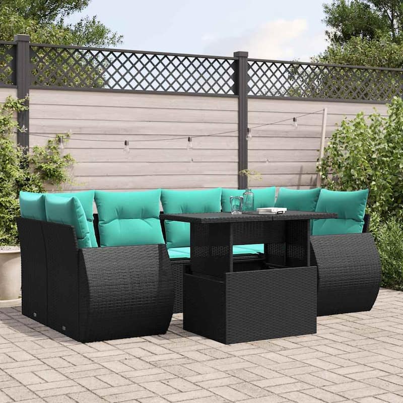 vidaXL Patio Sofa Set with Cushions and Table Outdoor 7 Piece Poly Rattan - 24.4 x 24.4 x 27.2 - Black without storage