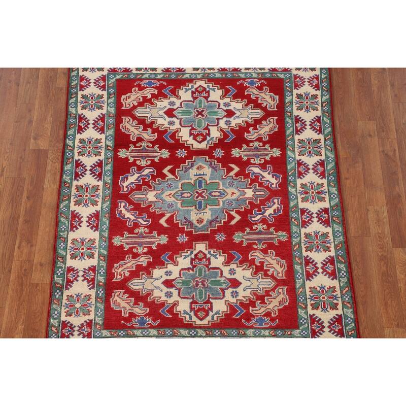 Red Kazak Area Rug Hand-Knotted Oriental Wool Carpet - 4'1" x 5'6"