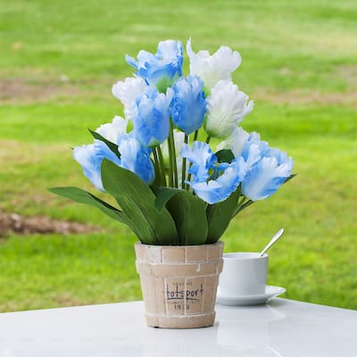 Enova Home Artificial Mixed Silk Blue Cream Tulips Fake Flowers Arrangement in Pot for Home Office Garden Decoration