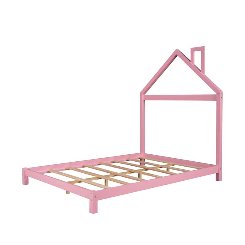 Full Size Wood Platform Bed with House-Shaped Headboard and Sturdy Pine Frame