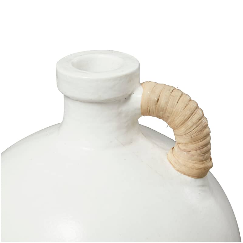 White Ceramic Jug Inspired Vase with Rattan Wrapped Handle