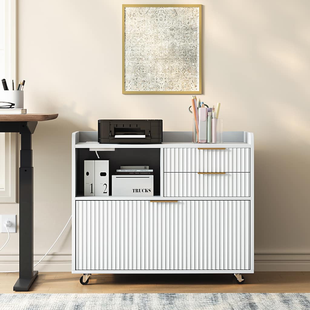 Mobile Office File Cabinet with Charging Station, Lockable Universal Casters, Metal Handles & Open Storage by GDFStudio