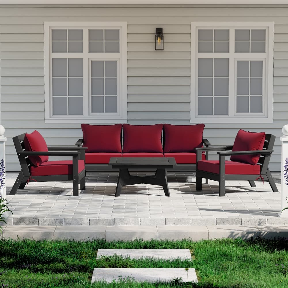 Birchwood All Weather HDPE Outdoor Patio Black Deep Seating Conversation Set (6-Piece Set)