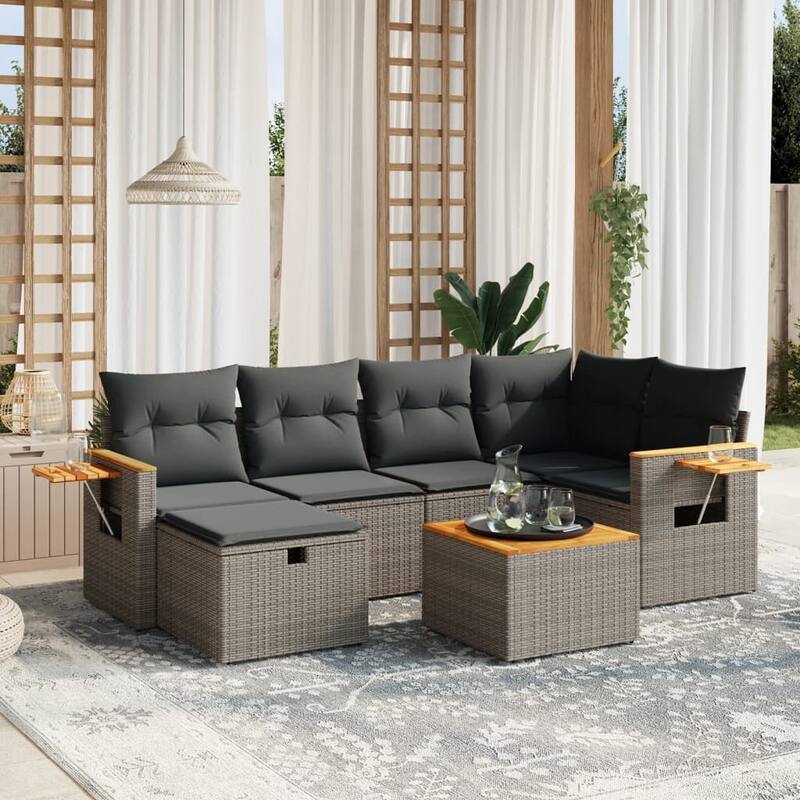vidaXL Patio Sofa Set with Cushions Outdoor Conversation Furniture Poly Rattan - Gray with table - 24.4 x 24.4 x 27.2 in