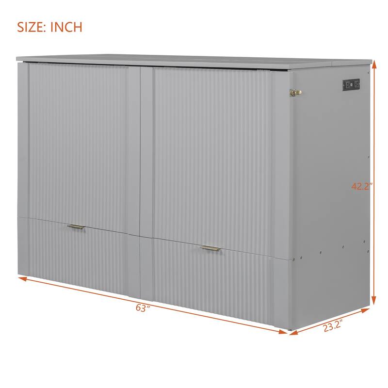 Queen Size Wall Bed with Drawer, USB Ports & Smooth Pulley Mechanism, Space-Saving Gray Cabinet Bed