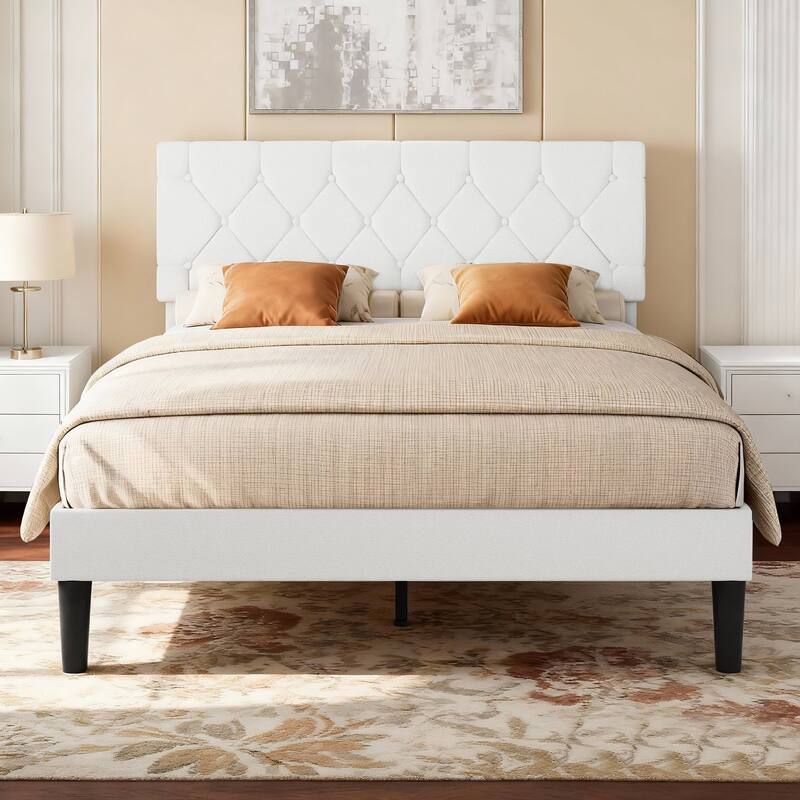 Beige Diamond Button Tufted Upholstered Bed with Linen Headboard No Box Spring Needed 7.87" Underbed Storage Center Support Leg