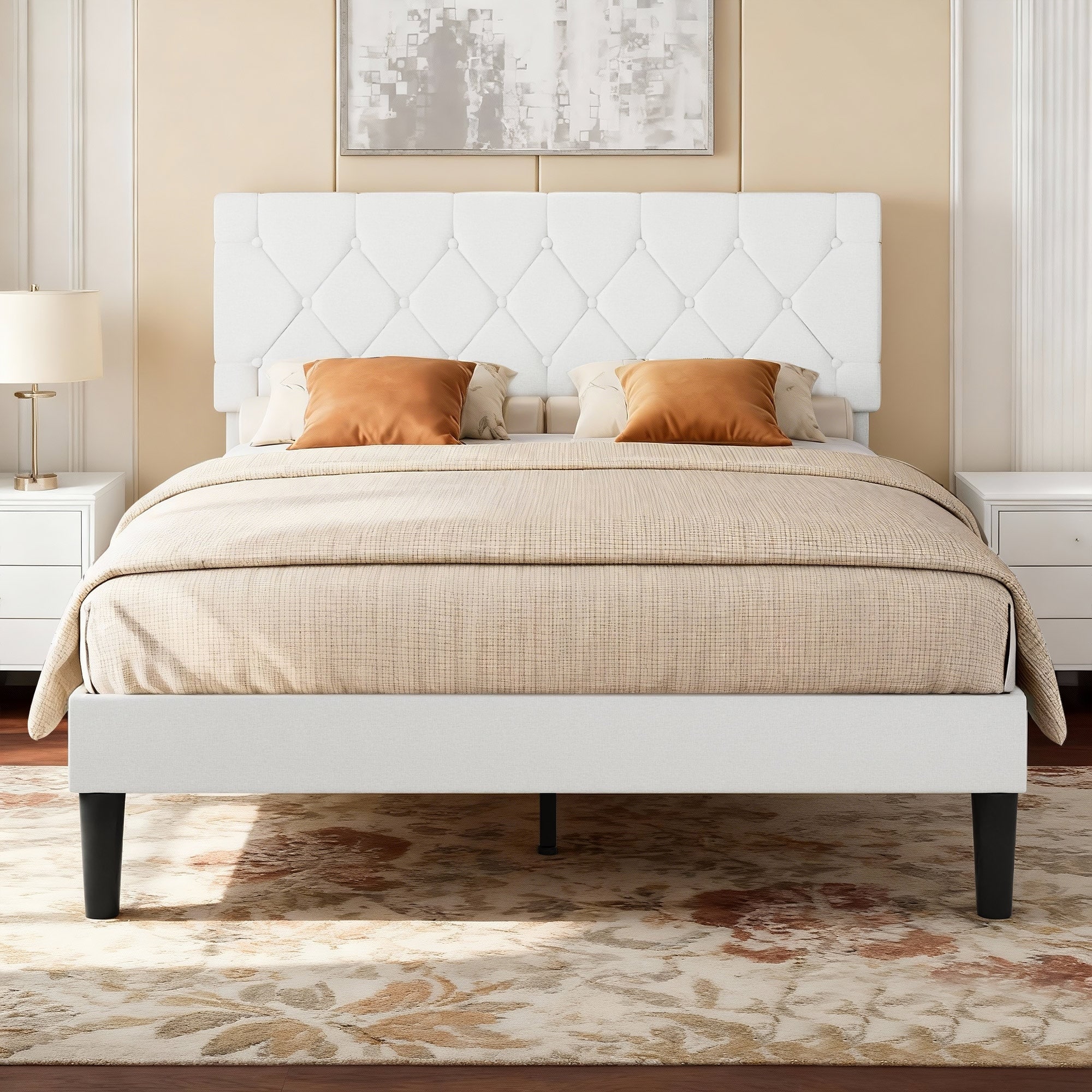 VECELO Tufted Upholstered Linen Bed Platform Bed Frame with Upholstered Headboard, Button Tufted Design