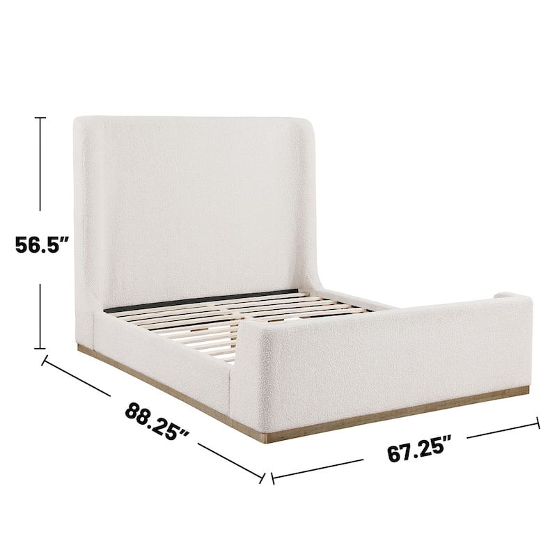 Upholstered Sleigh Bed with Wood Finish Trim in Cream