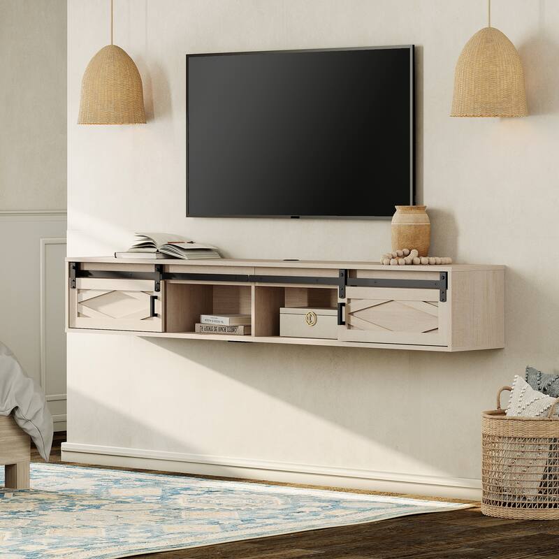 Sliding Barn Door Floating TV Stand with Charging Station