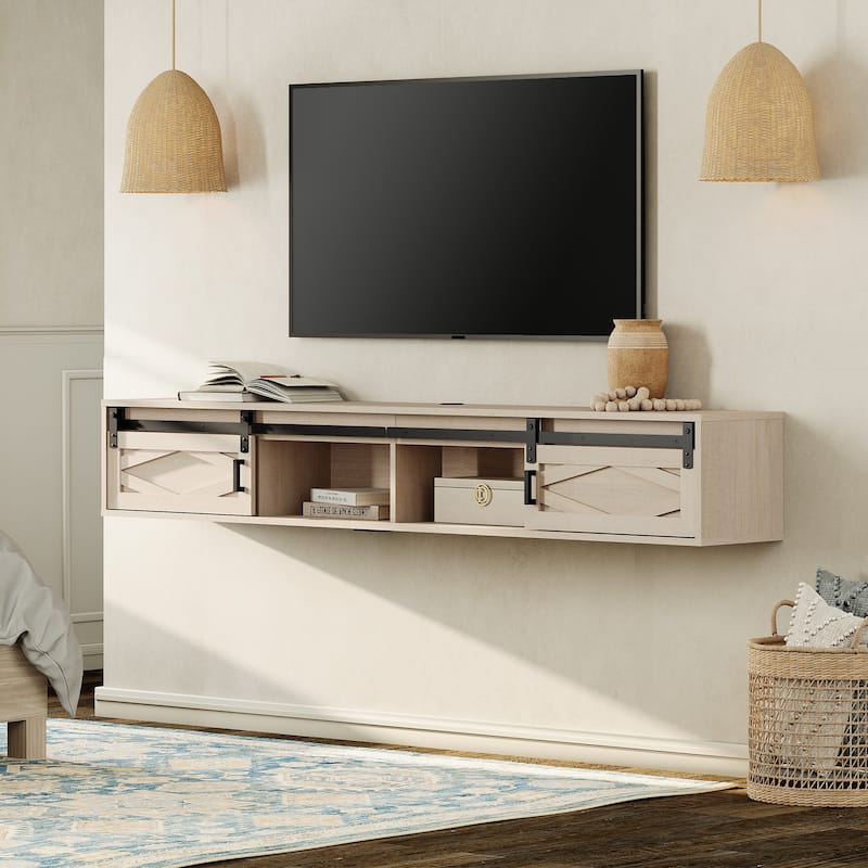 WAMPAT Floating TV Stand for TVs up to 80 Inch with Sliding Barn Door - Natural
