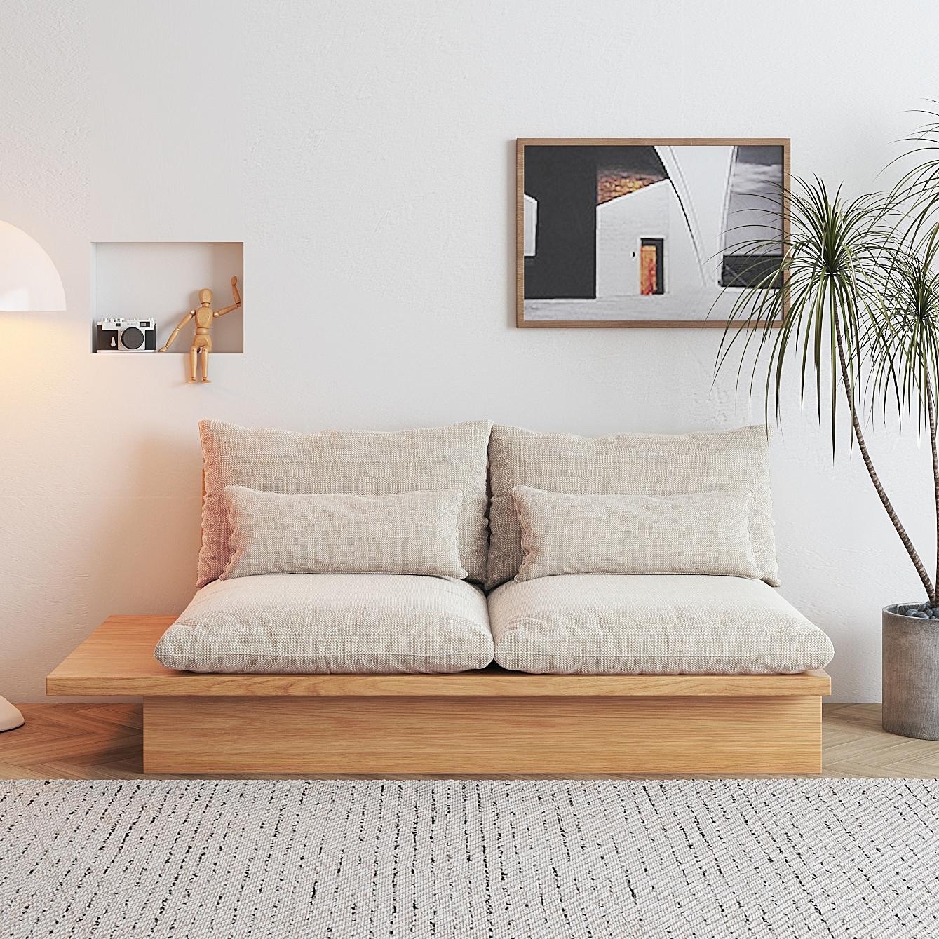 JASIWAY Cotton Line Beige Sofa With Wood Frame