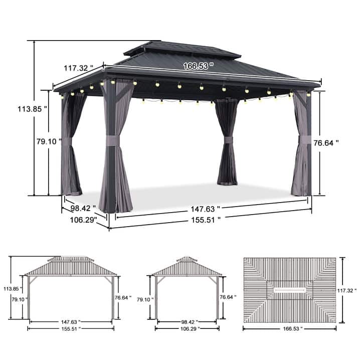 PURPLE LEAF Gazebo Outdoor Gazebo with Dual-Layer Galvanized Steel Double Roof Aluminum Gazebo with Netting and Curtains Grey