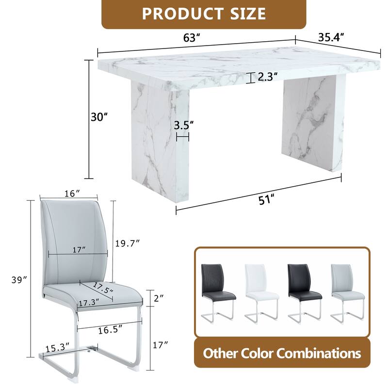 5 Piece Rectangular Dining Table Set, Modern 63" Imitation Marble Dining Table w/ 4 PU Upholstered Chair for Kitchen