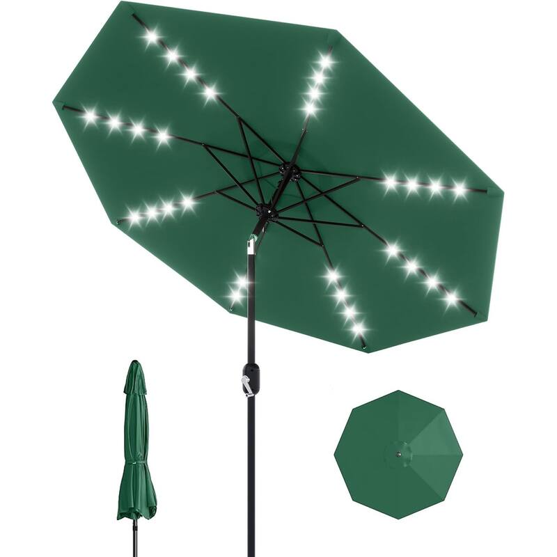 9 Ft Patio Umbrella with Solar Lights, Outdoor Table Umbrella with 32 LED Lights & Tilt Crank - Dark Green