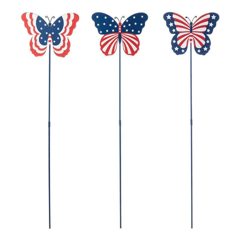 Glitzhome 24"H Set of 3 Patriotic Americana Metal Butterflies Yard Stakes - 24 in
