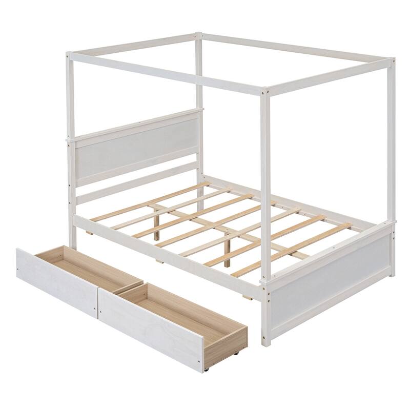 Full Size Wood Canopy Platform Bed with 2 Drawers, No Box Spring Needed, Brushed White Finish