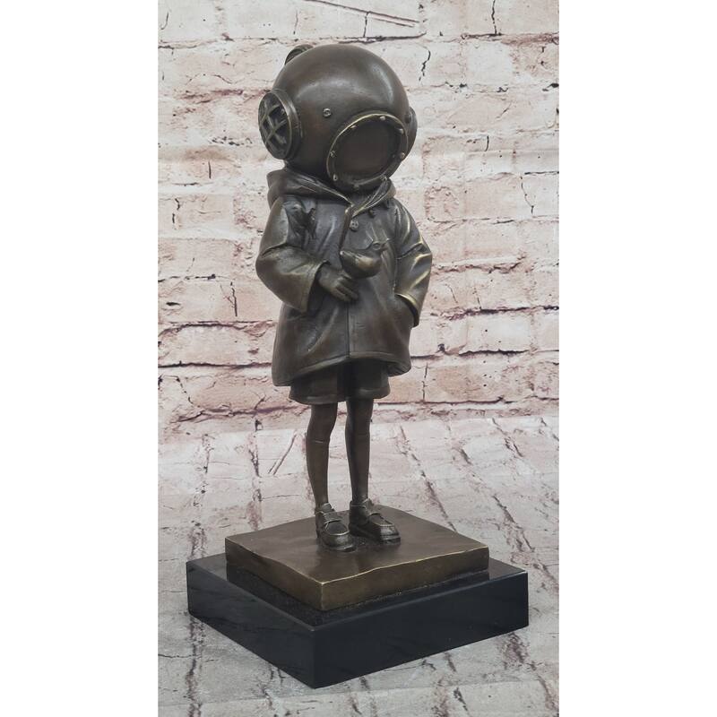 Space Girl And Bird After Banksy - Bronze Sculpture Statue On Marble Base