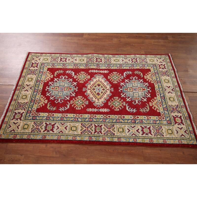 Red Geometric Kazak Foyer Rug Handmade Wool Carpet - 3'3" x 5'0"