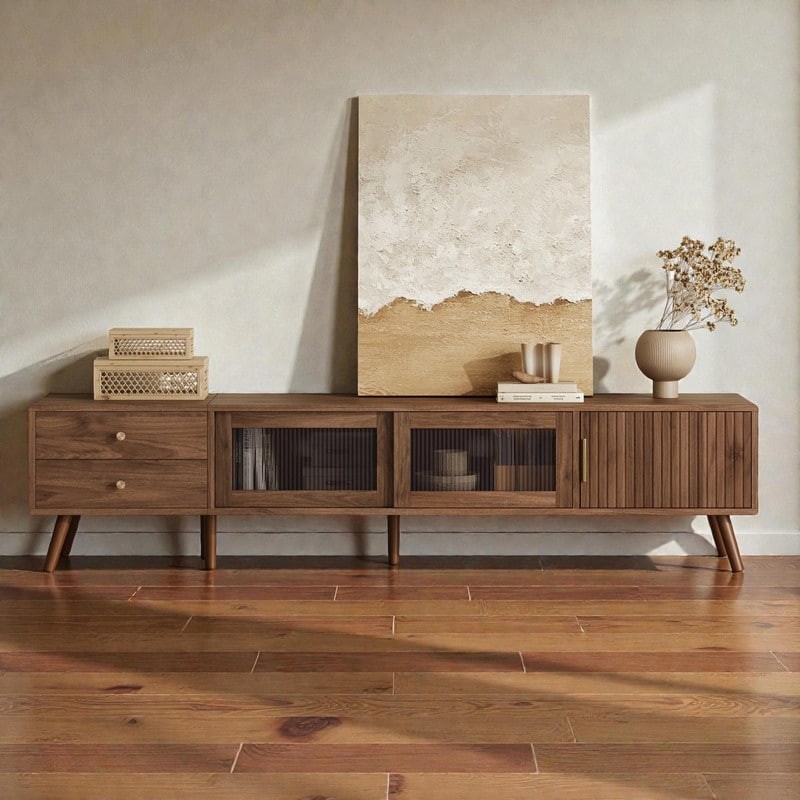 76" Modern Minimal TV Stand with Glass Doors, Wood Grain Media Console for TVs up to 85", Storage Entertainment Center
