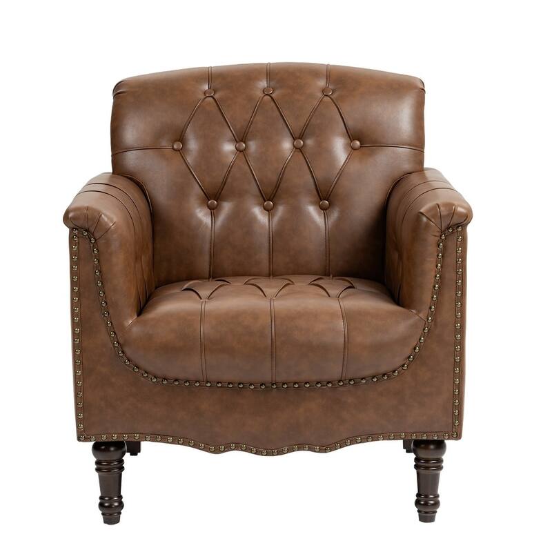 Modern Tufted Accent Chair with Nailhead Trim, Faux Leather Armchair