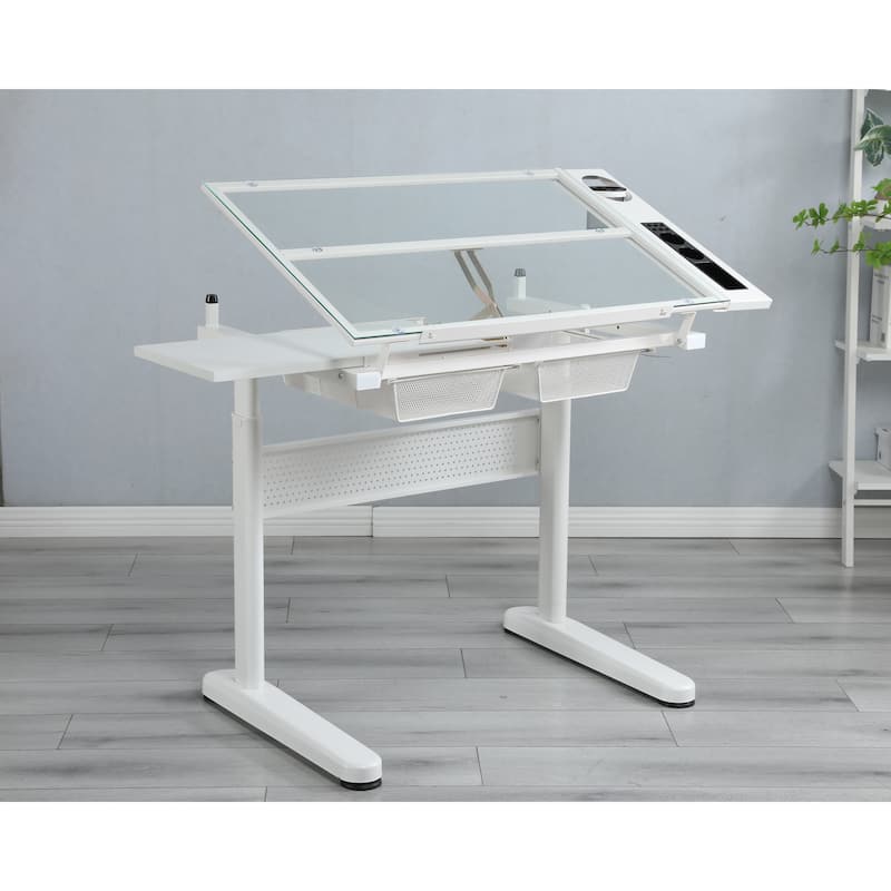 Hand Crank Drafting Table, Drawing Desk Artist Table with Stool, Tilting Glass Tabletop Art Craft Desk w/2 Storage Drawers
