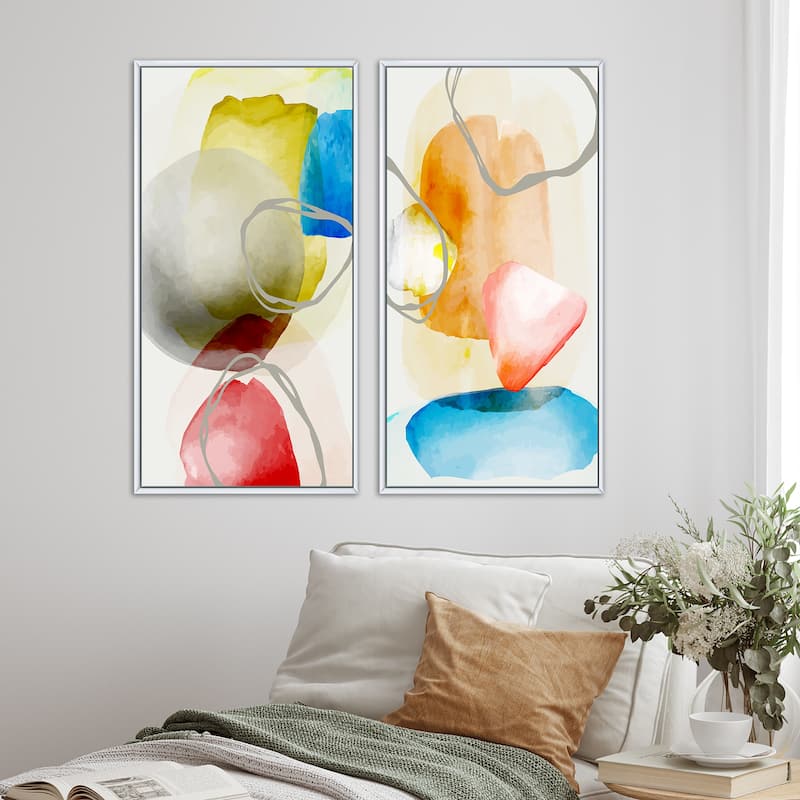 Designart "Trendy Abstracts With Colorful Shapes VI" Abstract Framed Art Set of 2 Pieces - 40 in. Wide x 40 in. High - Panels - White