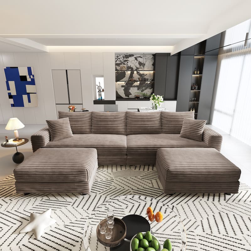 102.4" Corduroy Couch with Ottomans, 4 Seat Convertible Modular Sectional Sofa, Upholstered Couches with Pillows for Living Room