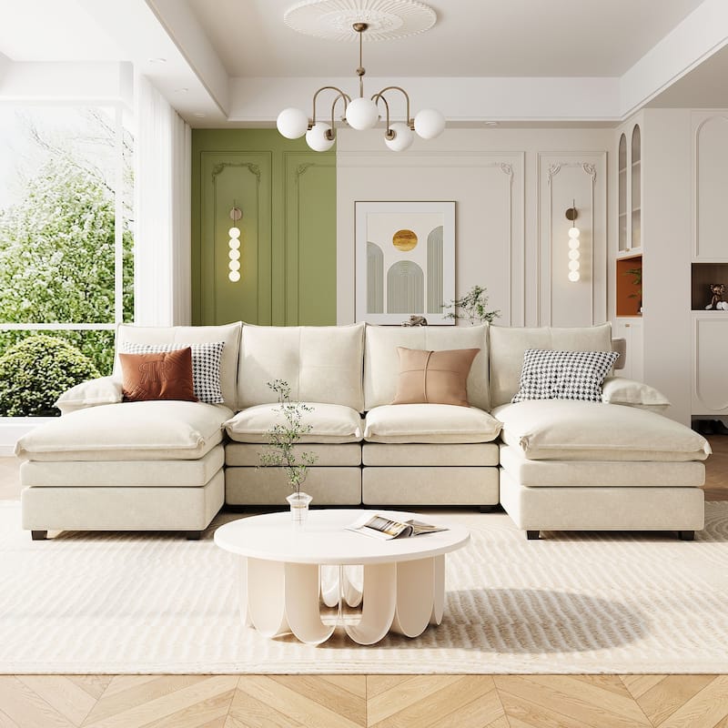 Luxurious U-Shaped Chenille Sectional Sofa with Adjustable Armrest Pillows and Button-Tufted Backrest