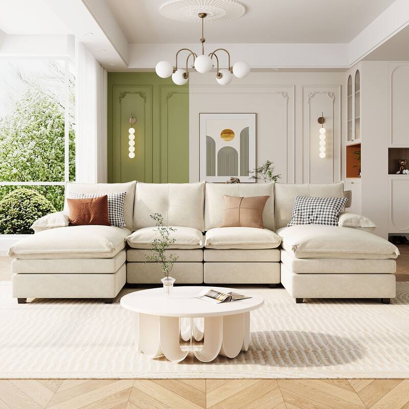 Roomfitters U-Shaped Chenille Sectional Sofa with Adjustable Armrest Pillows, Perfect for Living Rooms, Offices, Spacious Spaces - Beige