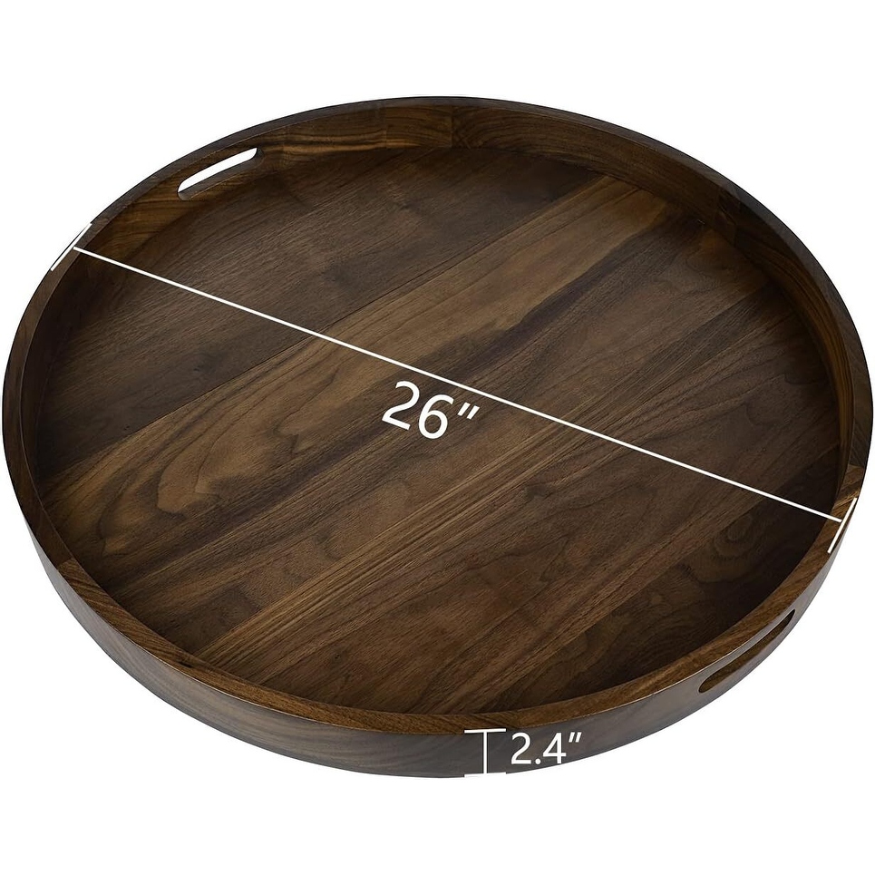 Round Black Walnut Wood Serving Tray Ottoman Tray with Handles