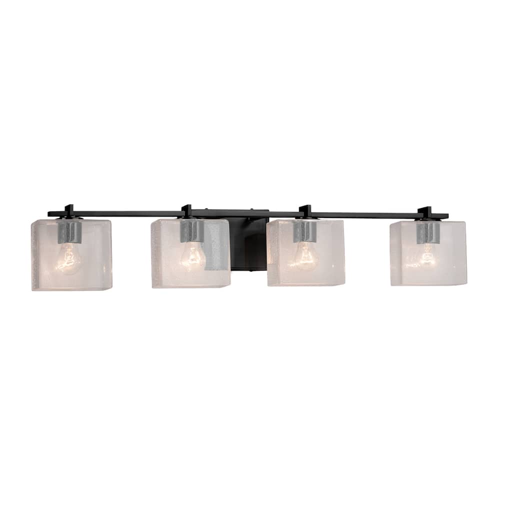 Justice Design Fusion Era 4-light Matte Black Bath Bar, Seeded Rectangle Shade