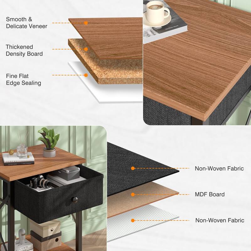 VECELO X Frame Nightstand with Removable Fabric Drawer Easy to Clean Nightstand Multifunctional End Table with Open Shelf