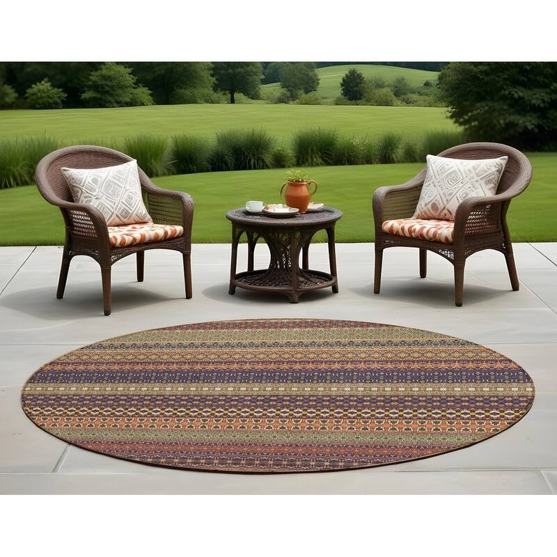 Elri Stripe Weather Resistant Blended Style Outdoor Rug - 8' Round - Orange