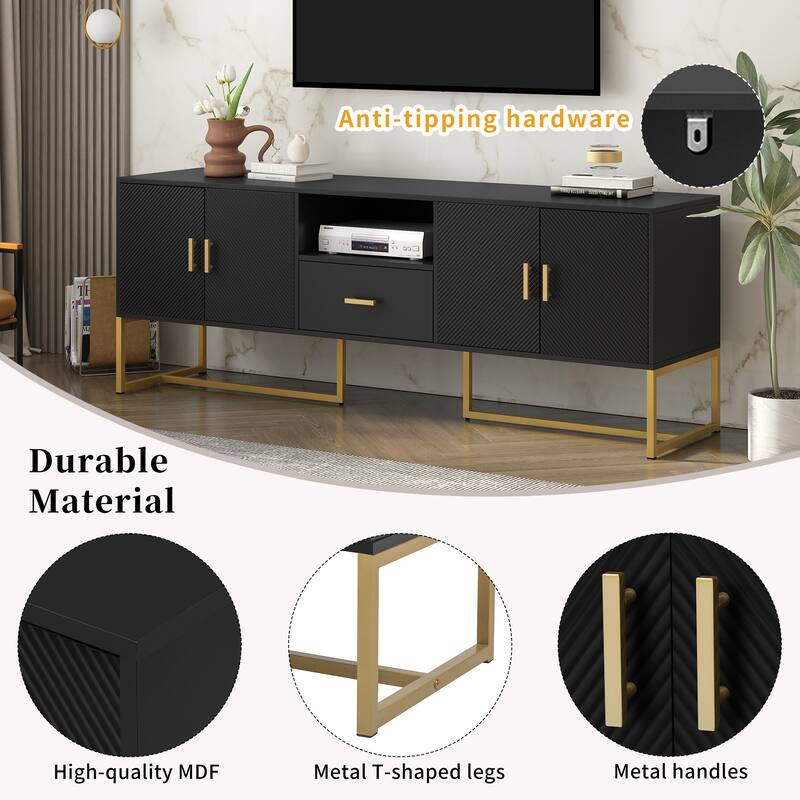 Roomfitters Modern TV Stand for up to 70 Inch TV, Media Cabinet with Drawer, Metal Legs and Safety Features, Black