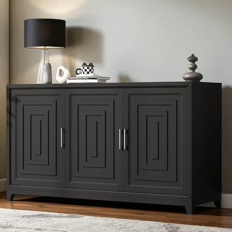 Modern 59" TV Stand for TVs up to 65", Entertainment Center with 2 Cabinets, Adjustable Shelves, Solid Wood Legs - Black